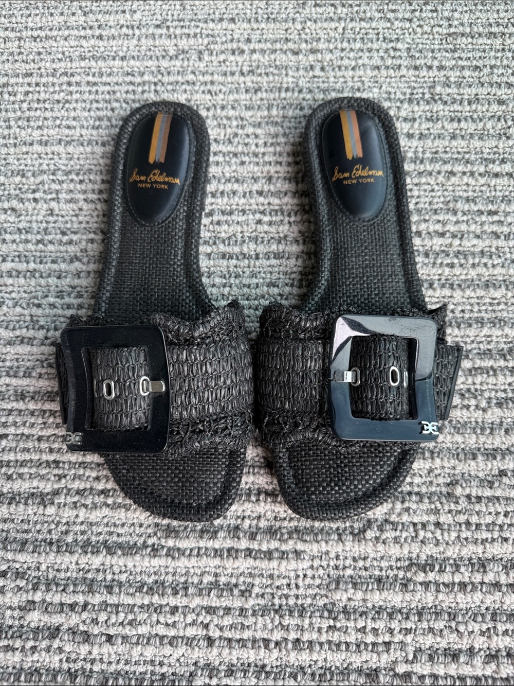 Sam Edelman Black Woven Slide Sandals with Glossy Buckles